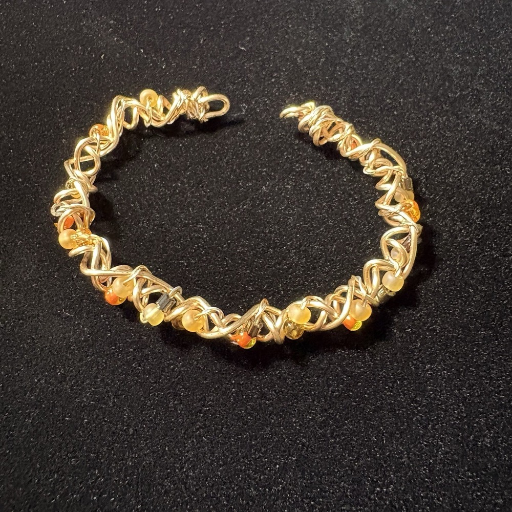Handmade Wire Wrapped Glass Bead Bracelet One Size Gold Tone Boho Artisan Earthy